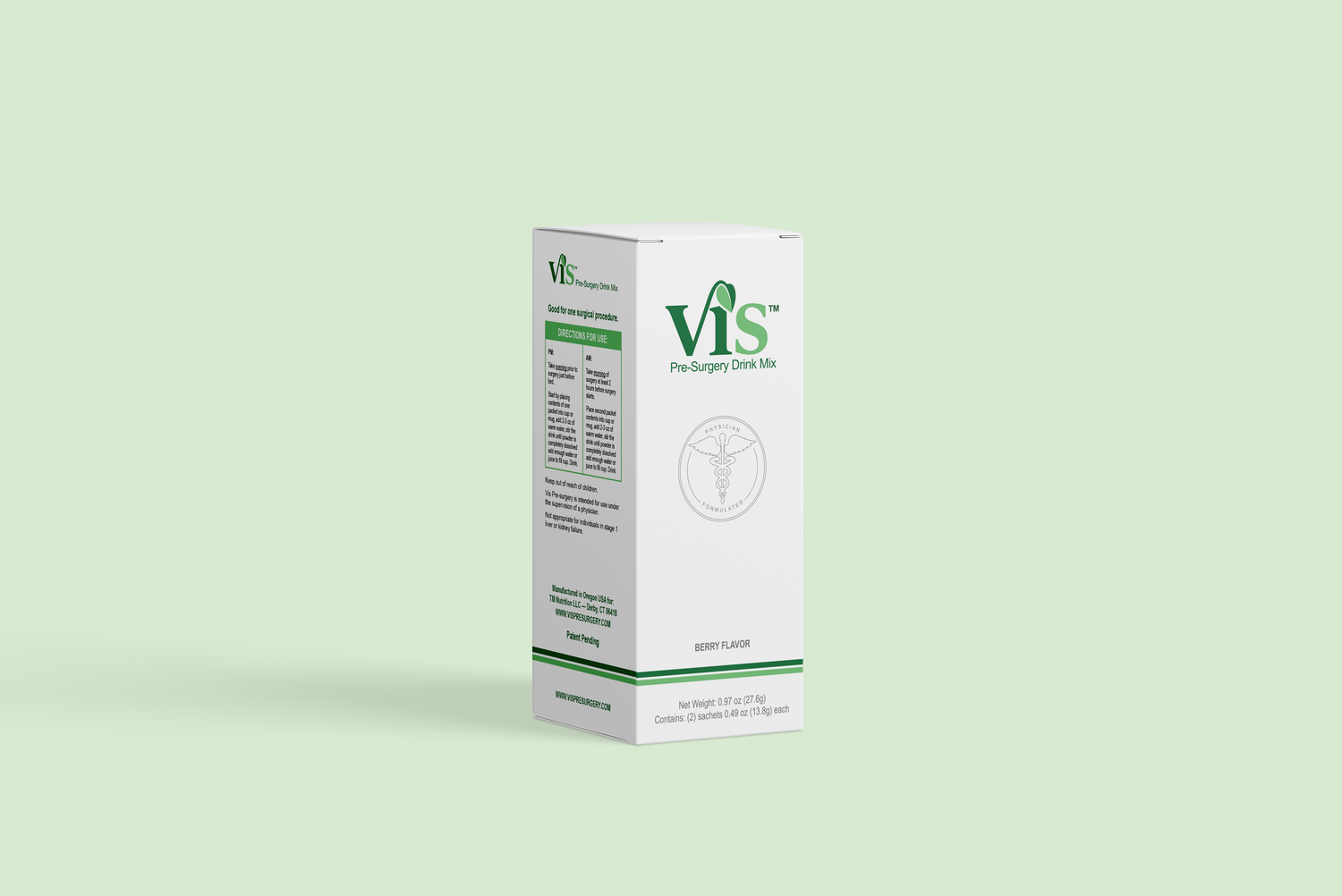 Vis product box front left on green background