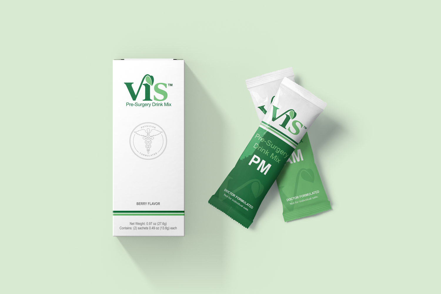 Vis product box and satchet close up on gren background